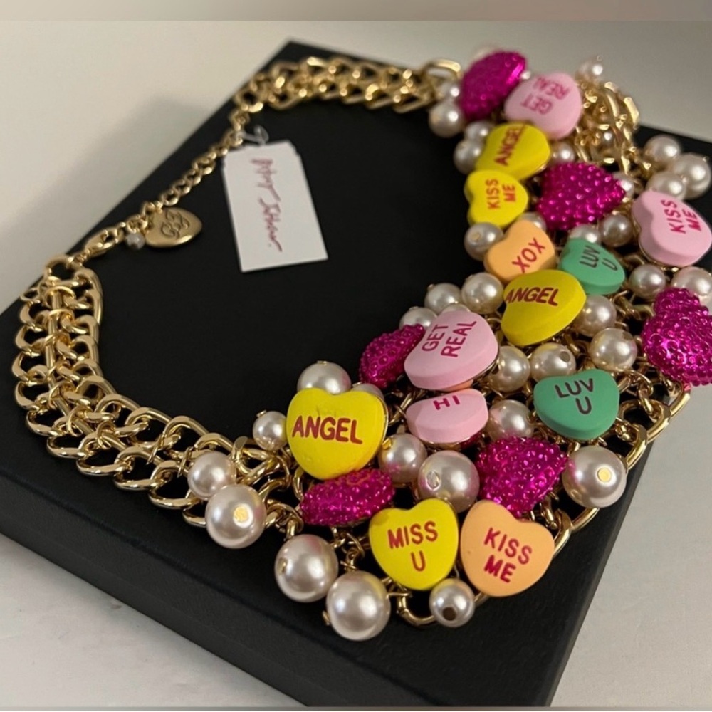 👉✨️ Betsey Johnson Multicolor think pink XO statement Necklace - Picture 6 of 7